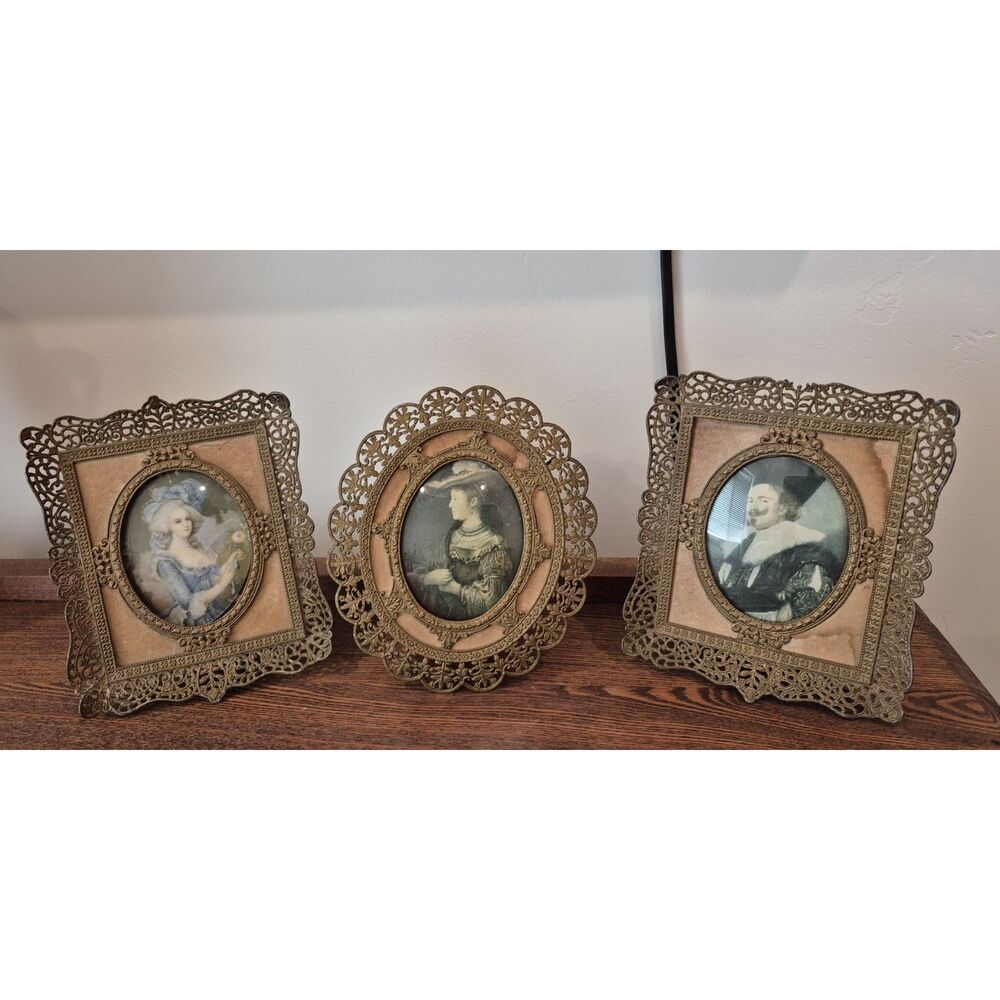 Vintage Miniature Portrait, set of 3-Ornate Filigree Convex Bubble Glass Prints
